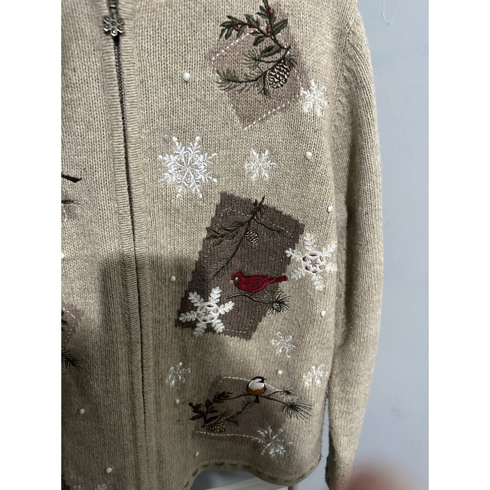 Croft & Barrow Cardigan Sweater Birds Snowflakes Winter Silk Blend Sz M - Picture 4 of 9